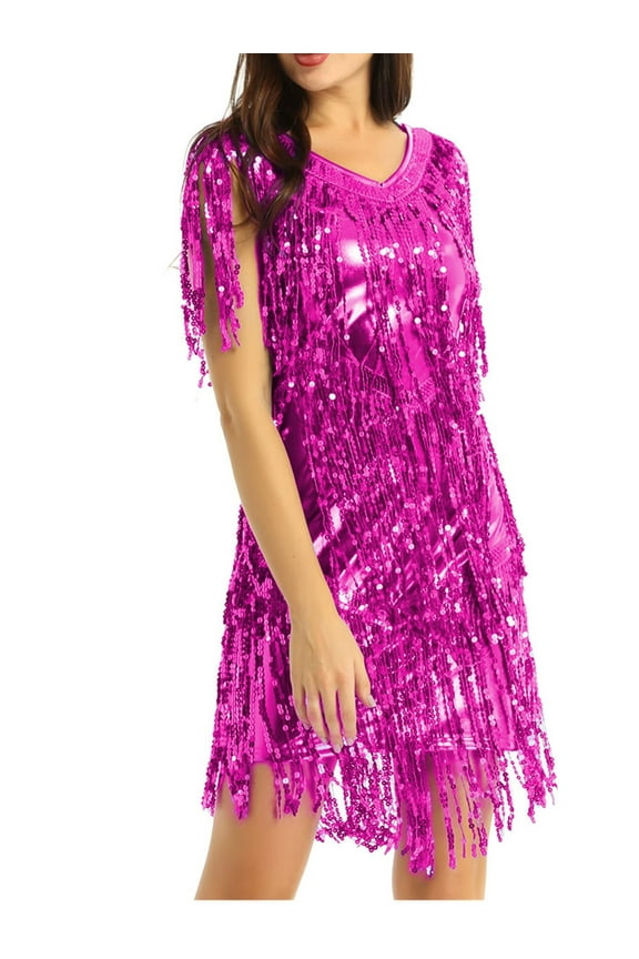 Womens Tiered Sequins Tassels Latin Dance Dress Flapper Cocktail Party Dress Rose XX-Large