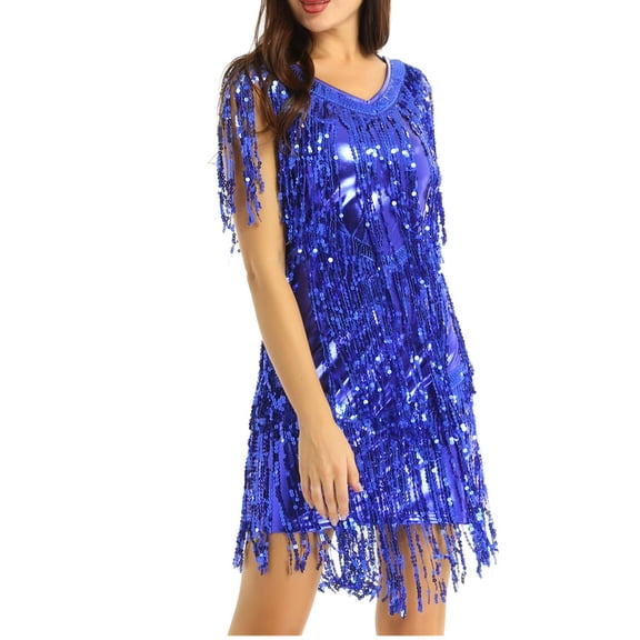 iEFiEL Womens Tiered Sequins Tassels Latin Dance Dress Flapper Cocktail Party Dress Royal Blue X-Large