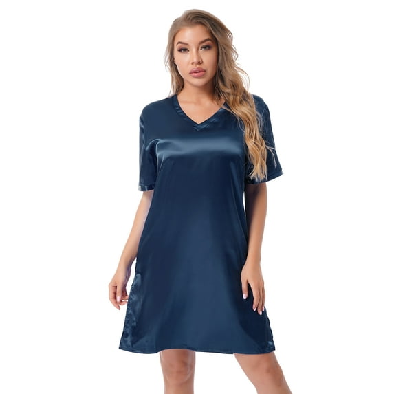 iEFiEL Womens V Neck Satin Nightgown Short Sleeve Nightdress Sleepwear Navy_Blue XXL