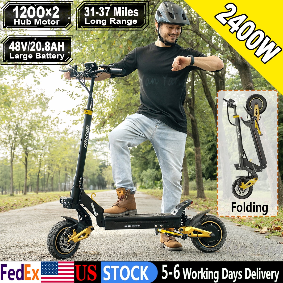 IENYRID ES1 Monopattino Elettrico Fuoristrada – Doppio Motore 2400W, Batteria 48V 20.8Ah, 10 Pollici, Per Adulti
