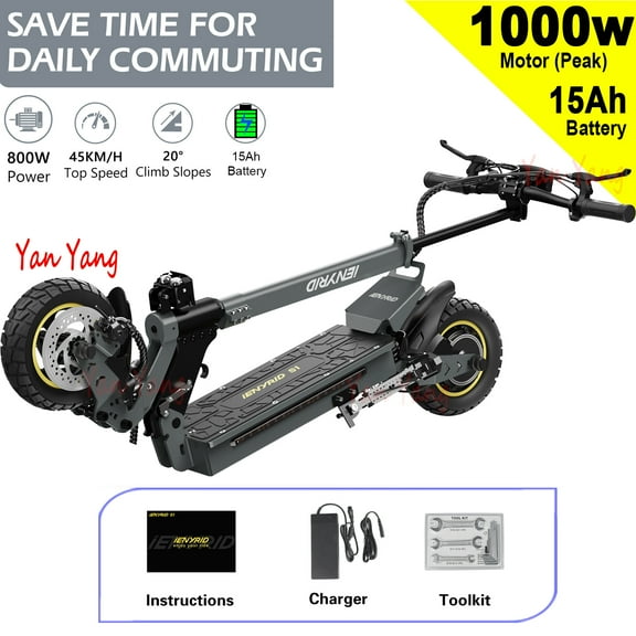 iENYRID S1 1000W Electric Scooter, 28MPH, 25Mile Range, 10" Off-Road Tires, Foldable eScooter for Commuting