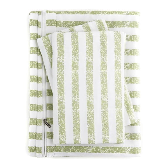 iEnjoy Home 3-PC King Puffed Rugged Stripe Duvet Cover Set in Sage Green/White