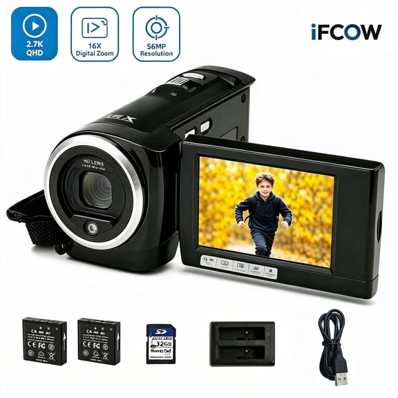 iFCOW 2.7K Digital Video Camcorder, Max 56MP Handheld Vlogging Camera for YouTube, 16X Digital Zoom, 270 Flip Screen with LED Fill Light, Webcam, 32GB SD Card for Travel Photography