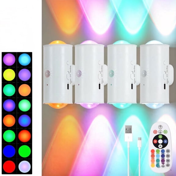 iFCOW 4 Pack Motion Sensor Wall Light, RGB LED Magnetic Wireless Wall Light with Remote Control, 16 Colors Brightness Adjustable, Rechargeable Battery Operated, Wall Sconce for Hallway, Stairs