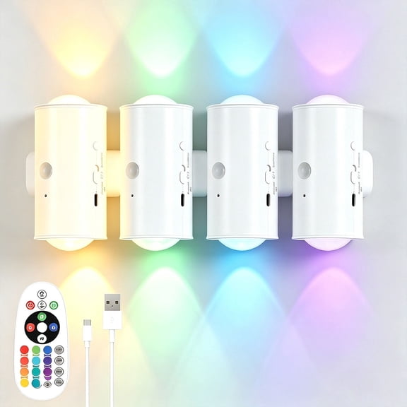 iFCOW 4 Pack Motion Sensor Wall Light, Magnetic Rechargeable RGB LED Wall Sconce with Remote Control, Dimmable 16 Colors Wireless Lamp for Hallway Stairs