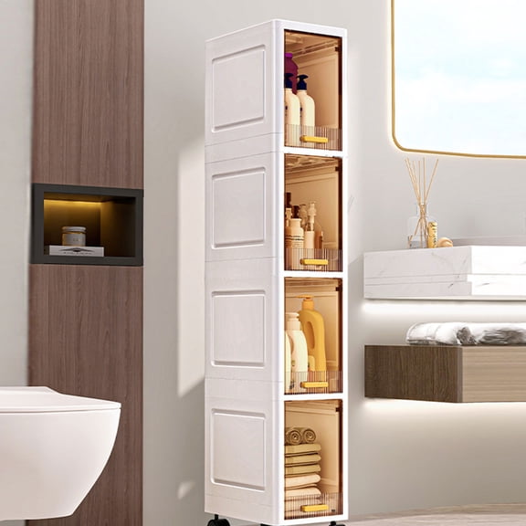 iFCOW 4-Tier Tall Narrow Storage Cabinet with Movable Wheels, Foldable, Anti-Tip, Slim for Small Spaces, Bathroom, Kitchen, Laundry, White