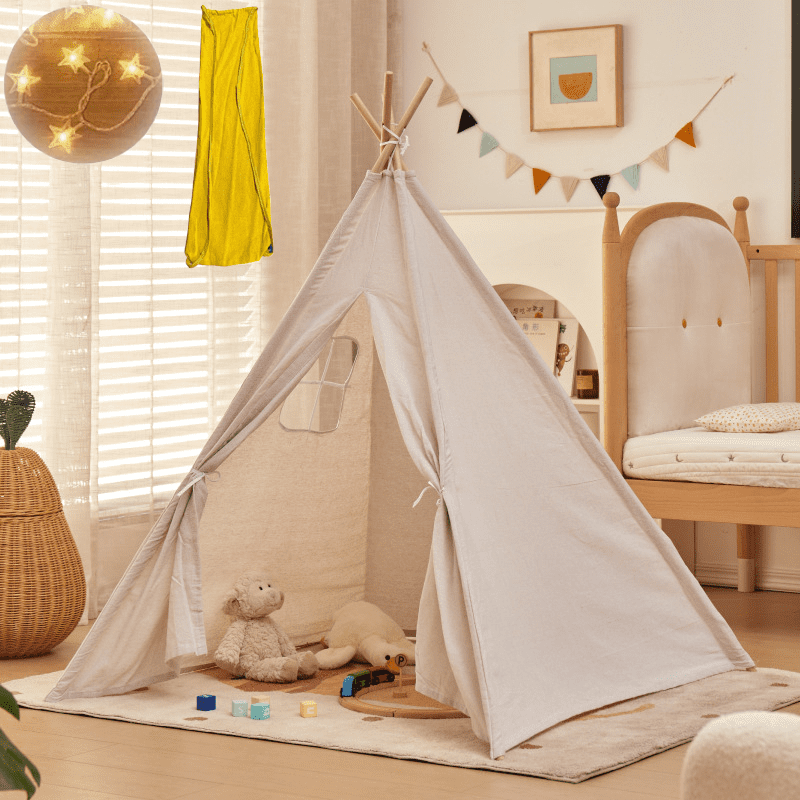 iFCOW Teepee Tent for Kids with Lights & Campfire Toy & Carry Case, Natural Cotton Canvas Toddler Tent - Washable Foldable Kids Indoor Tent, Outdoor Play Tent for Girls & Boys