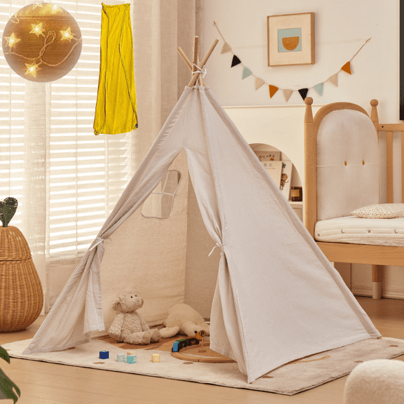 iFCOW Teepee Tent for Kids with Lights & Campfire Toy & Carry Case, Natural Cotton Canvas Toddler Tent - Washable Foldable Kids Indoor Tent, Outdoor Play Tent for Girls & Boys