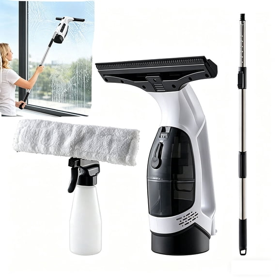 iFCOW Window Vacuum Squeegee Cordless with Multi-Purpose Spray Bottle, Microfiber Cloth and Extension Rod, Lightweight Rechargeable for Windows, Shower, Mirror & Tiles