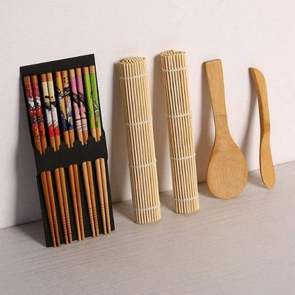 iFJF Sushi Making Kit, Bamboo Sushi Mat, Including 2 Sushi Rolling Mats, 5 Pairs of Chopsticks, 1 Paddle, 1 Spreader, Roll On, Beginner Sushi Kit