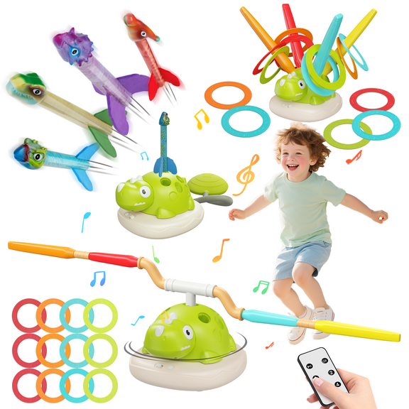 iFLOVE 3 in 1 Outdoor Toys for Kids - Rocket Game / Rope Jump Machine / Ring Toss Game, Garden Sports Toys for Boys Girls Ages 3 and up Birthday Gift