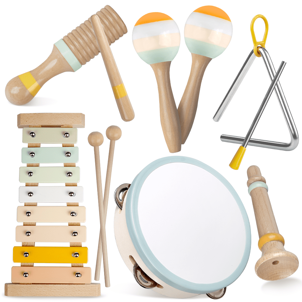 iFLOVE Baby Musical Instruments Set for Toddlers, Montessori Wooden Toys with Xylophone, Tambourine, Maracas, Neutral Color Music Toys for Kids 1-3