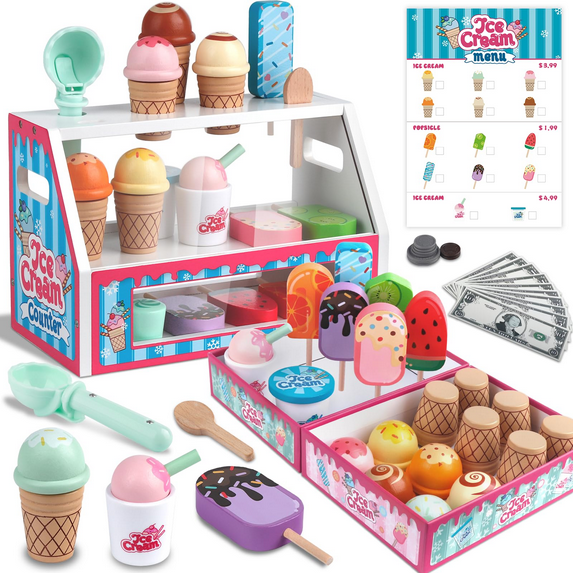 iFLOVE Wooden Scoop and Serve Ice Cream Counter with Play Food and Accessories 48 Pcs Pretend Food, Pretend Play Kitchen Toys, Ice Cream Toys for Kids Ages 3+ Birthday Gift