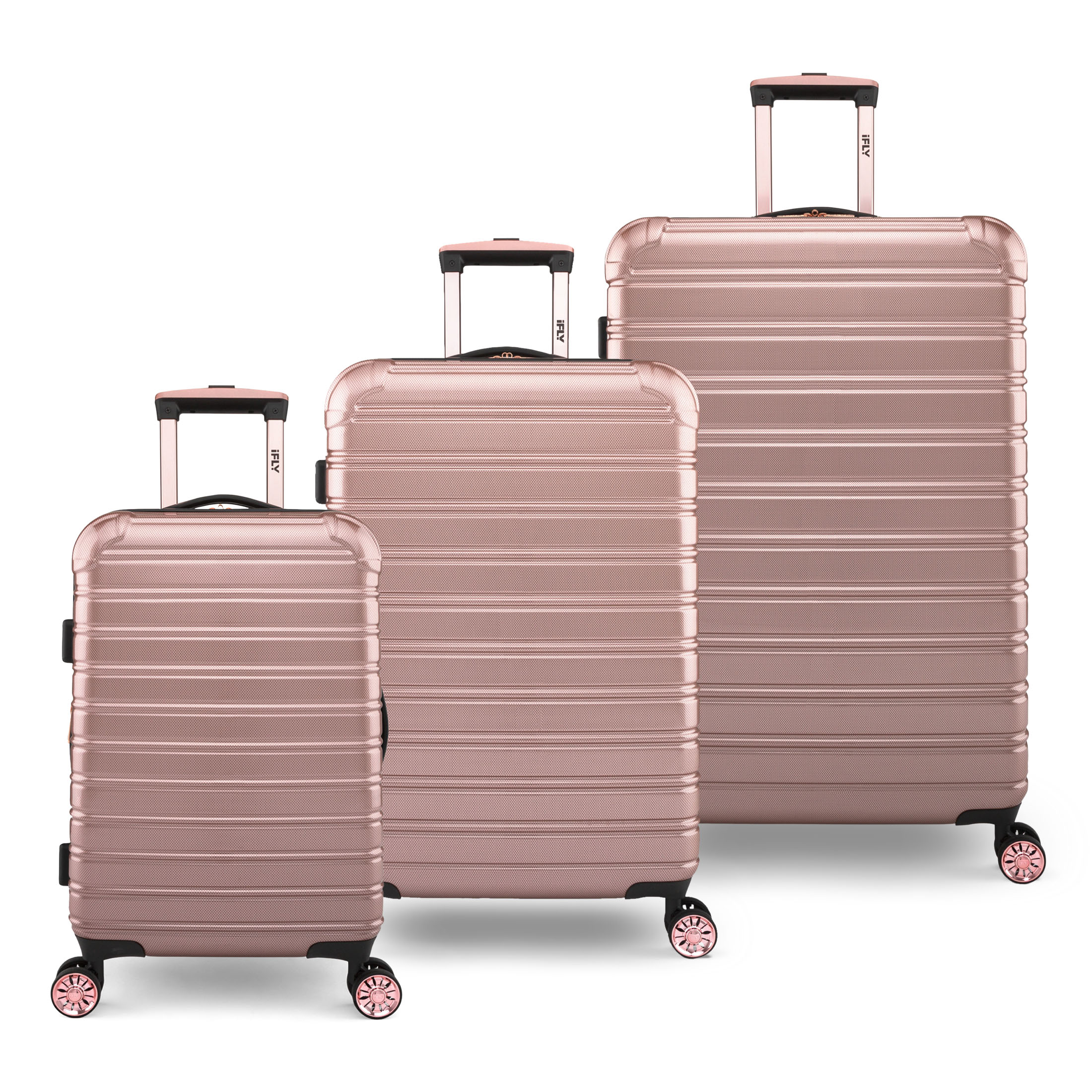 iFLY Hardside Luggage Fibertech 3 Piece Set, 20" Carry-on Luggage, 24" Checked Luggage and 28" Checked Luggage, Rose Gold - image 1 of 12