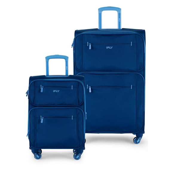iFLY Softside Accent 2 Piece Set 4-Wheel Spinner, 20" Carry-on and 28" Checked Luggage, Navy/Light Blue