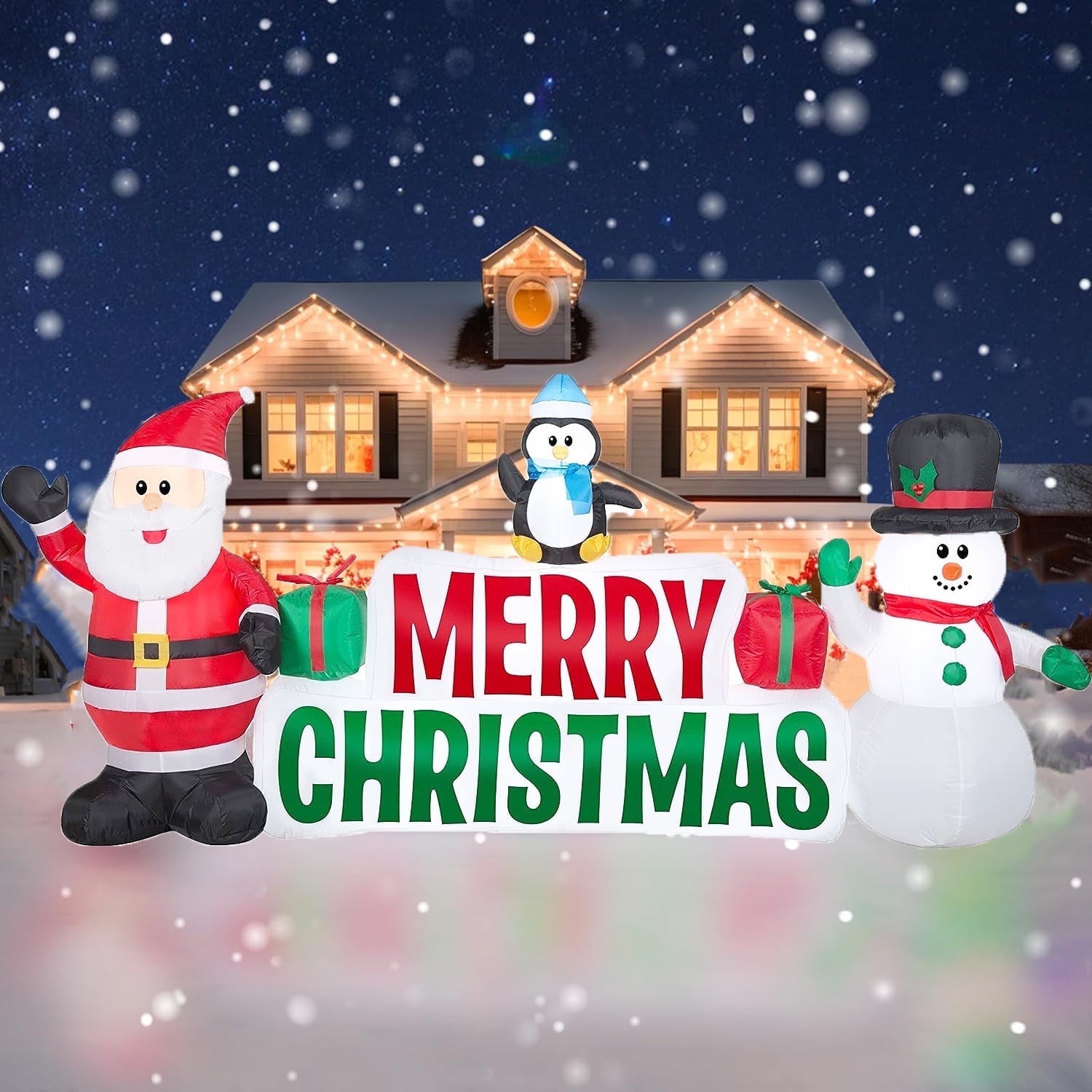 Qunler 10ft Long Christmas Inflatables, Lighted Merry Christmas Sign with Santa, Snowman, and Penguin, Giant Blow Up Outdoor Christmas Lawn Yard Decoration