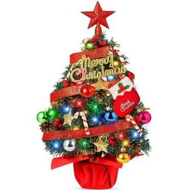 iFanze 24" Pre-Li Tabletop Mini Christmas Tree Set with LED Light and Star Treetop Ornaments Balls Bells Pine Cones for Indoor Outdoor Xmas Decoration Home Fireplace Front Door, Include Wooden Base