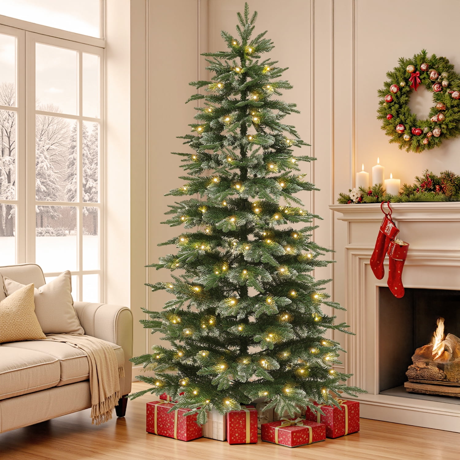 Qunler 7FT Pre-Lit Snow-Tipped Artificial Christmas Tree, 350 Lights and 1249 PE & PVC Mixed Tips, Hinged Metal Frame & Stable Stand & Easy Setup, for Home Office Party Holiday Decor