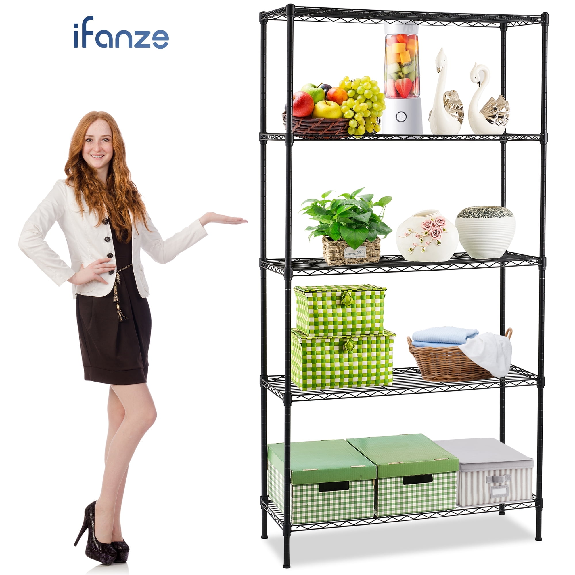 Qunler 5-Tier Storage Shelf Unit, 72"H x 36"L x 14"W Metal Wire Shelving Rack for Kitchen Garage Living Room, Adjustable Layer Height, 750lbs Capacity, Black