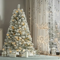 3.5 FT Pre-Lit Premium Snow Flocked Christmas Tree w/ 150 Lights 300 Tips, Hinged Artificial Holiday Xmas Christmas Decoration, Metal Base Stand, White