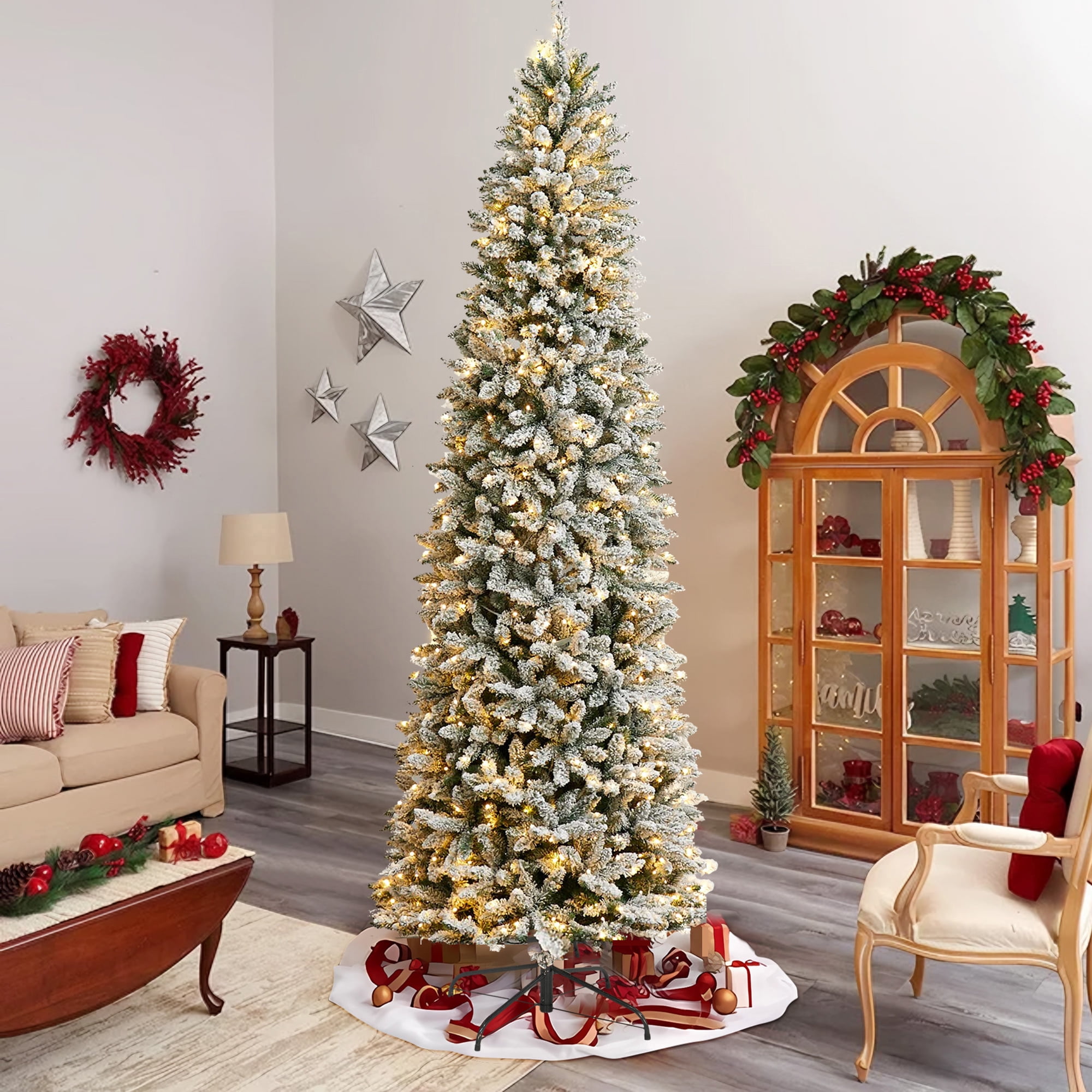 iFanze 7.5 ft PreLit Snow Flocked Pencil Christmas Tree, w/ 250 Lights