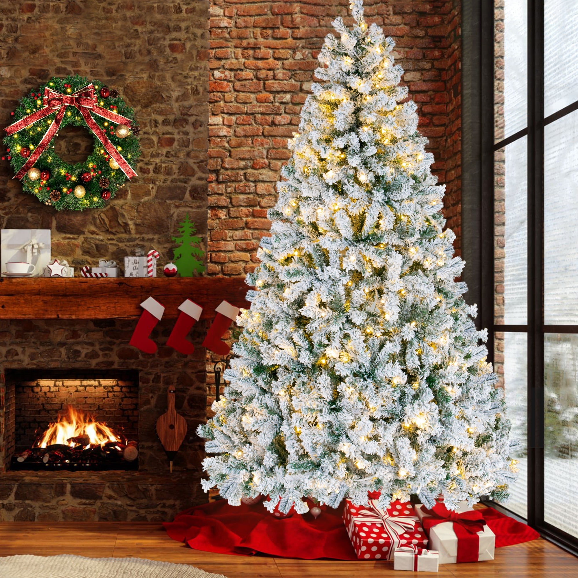Qunler 7ft Pre-Lit Snow Flocked Artificial PE+PVC Christmas Tree with 350 Warm White 8 Modes LED Lights, Green
