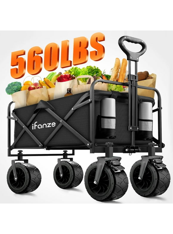 Collapsible Folding Wagon Cart, 560lbs Large Capacity Garden Wagon, 155L Heavy Duty Utility Foldable Beach Cart with All-Terrain Wheels for Camping, Shopping, Sports, Grocery, Black