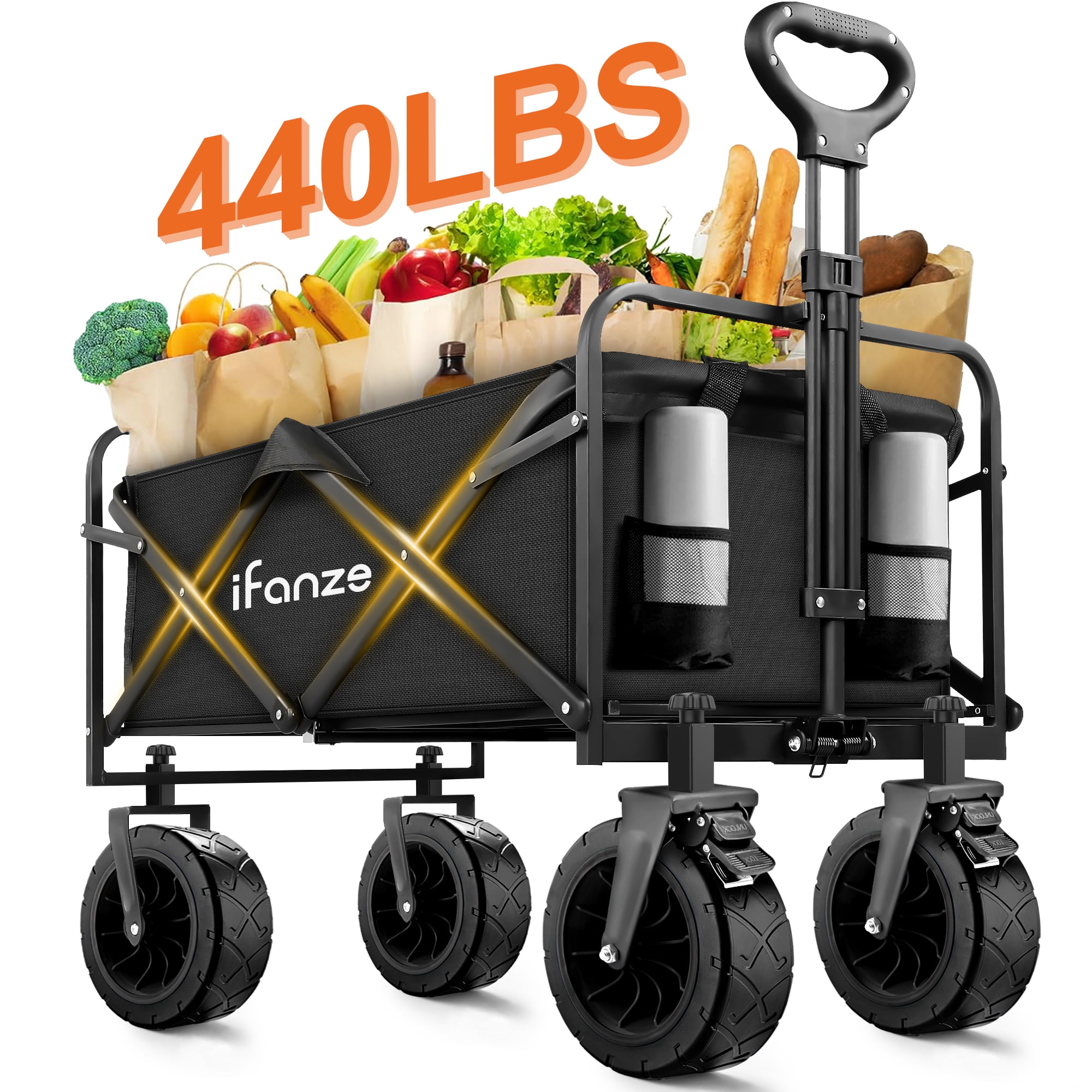 Qunler 560lbs Collapsible Folding Wagon, Big Bucket Beach Cart,  Heavy Duty Large Capacity Garden Wagon with Multi-Terrain Brake Wheels for Outdoor Camping, Shopping, Sports, Grocery, Kids, Black