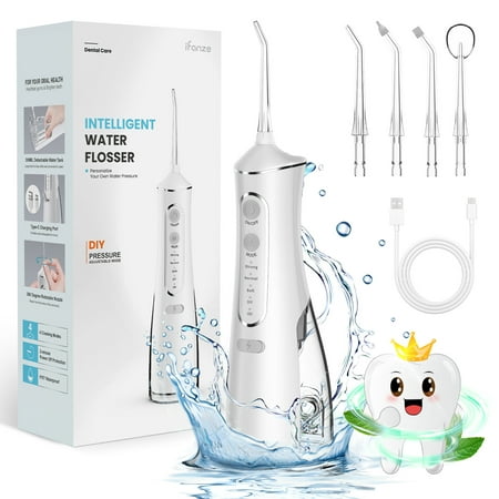 iFanze Cordless Water Flosser, Rechargeable Oral Irrigator with 4 Cleaning Modes & 4 Nozzles, Portable Dental Oral Flosser for Travel Home Office, White