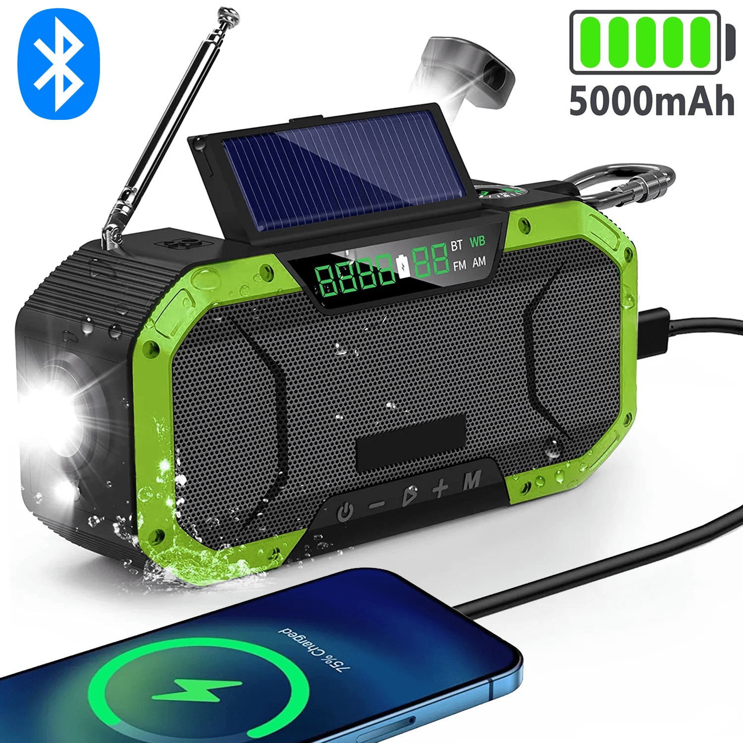 iFanze Emergency Weather Radio, 5000mAh Solar Hand Crank Radio, AM FM NOAA  Weather Alert Radio, Portable Radio with Cell Phone Charger, Bluetooth  Speakers, Flashlight, SOS for Hiking Camping