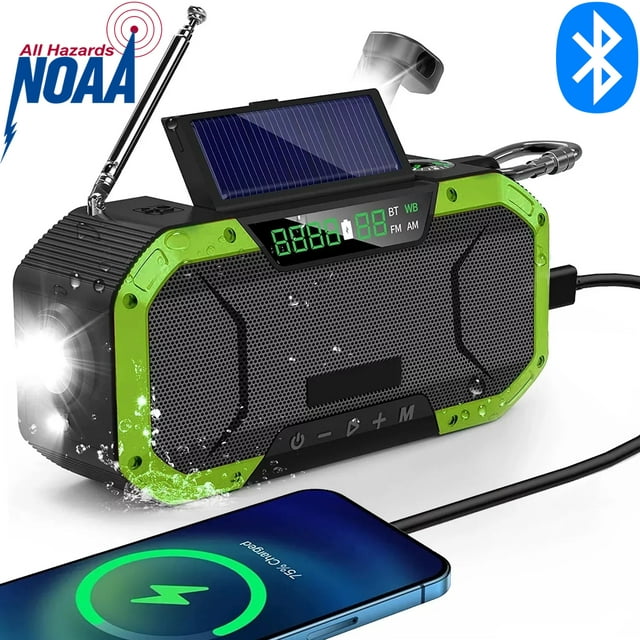 iFanze Emergency Weather Radio, 5000mAh Solar Hand Crank Radio, AM FM NOAA Weather Alert Radio with Bluetooth Speakers/ Flashlight/ SOS, Green