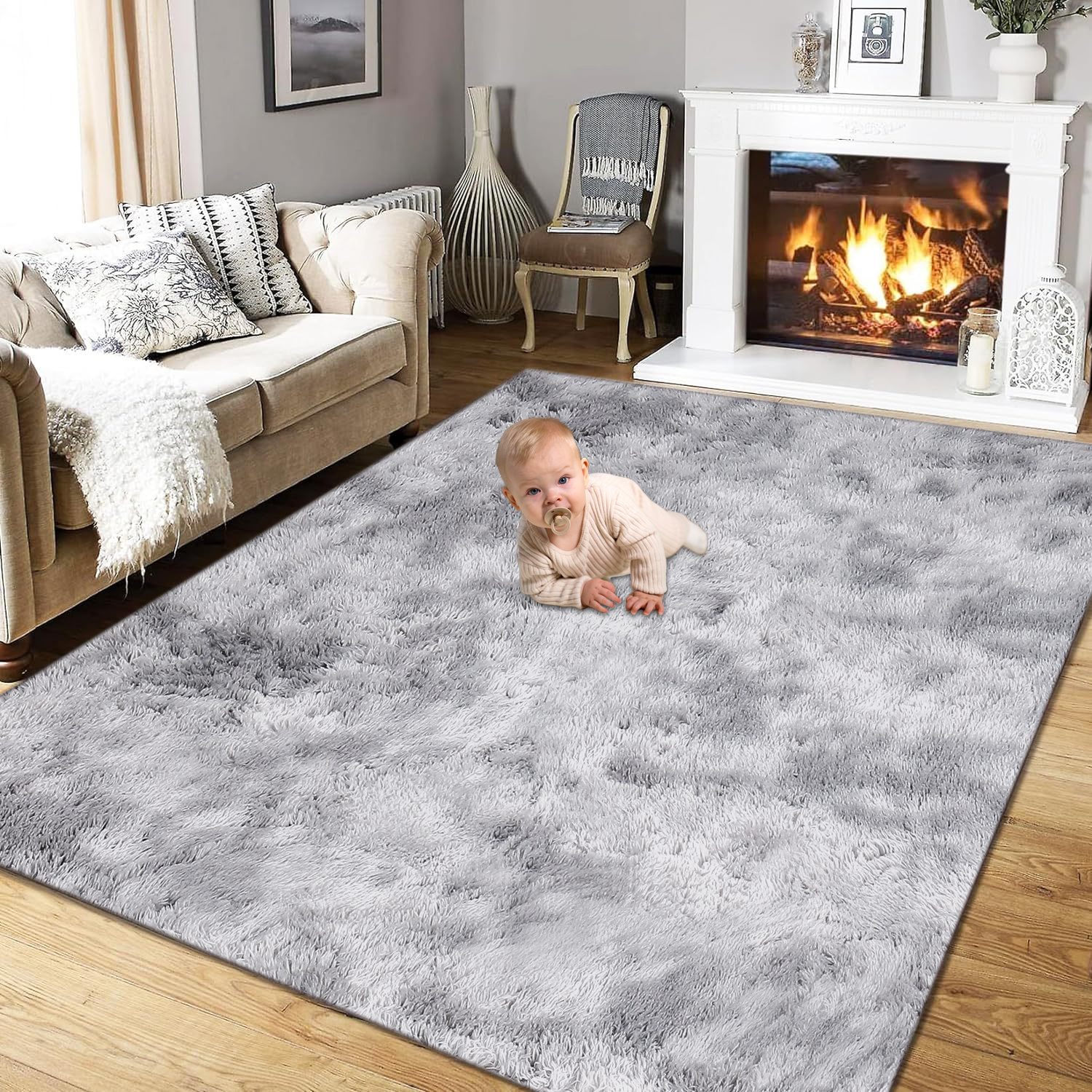 iFanze Large Area Rug, 5ft x 8ft Shag Living Room Rug, Indoor Modern Tie-dye Area Rugs for Bedroom, Rectangle Fluffy Home Carpets, Gray - image 1 of 11