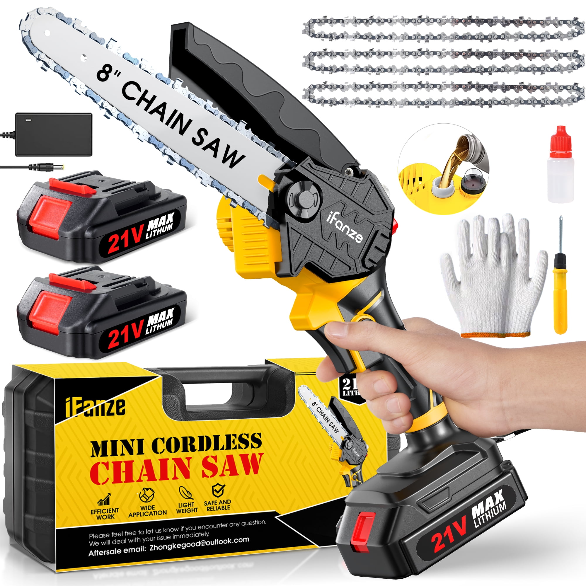 iFanze 8-inch Handheld Chainsaw, 2 Batteries, 3 Chains, For Wood Cutting and Trimming - Walmart.com iFanze 8-inch Handheld Chainsaw, 2 Batteries, 3 Chains, For Wood Cutting and Trimming - Walmart.com