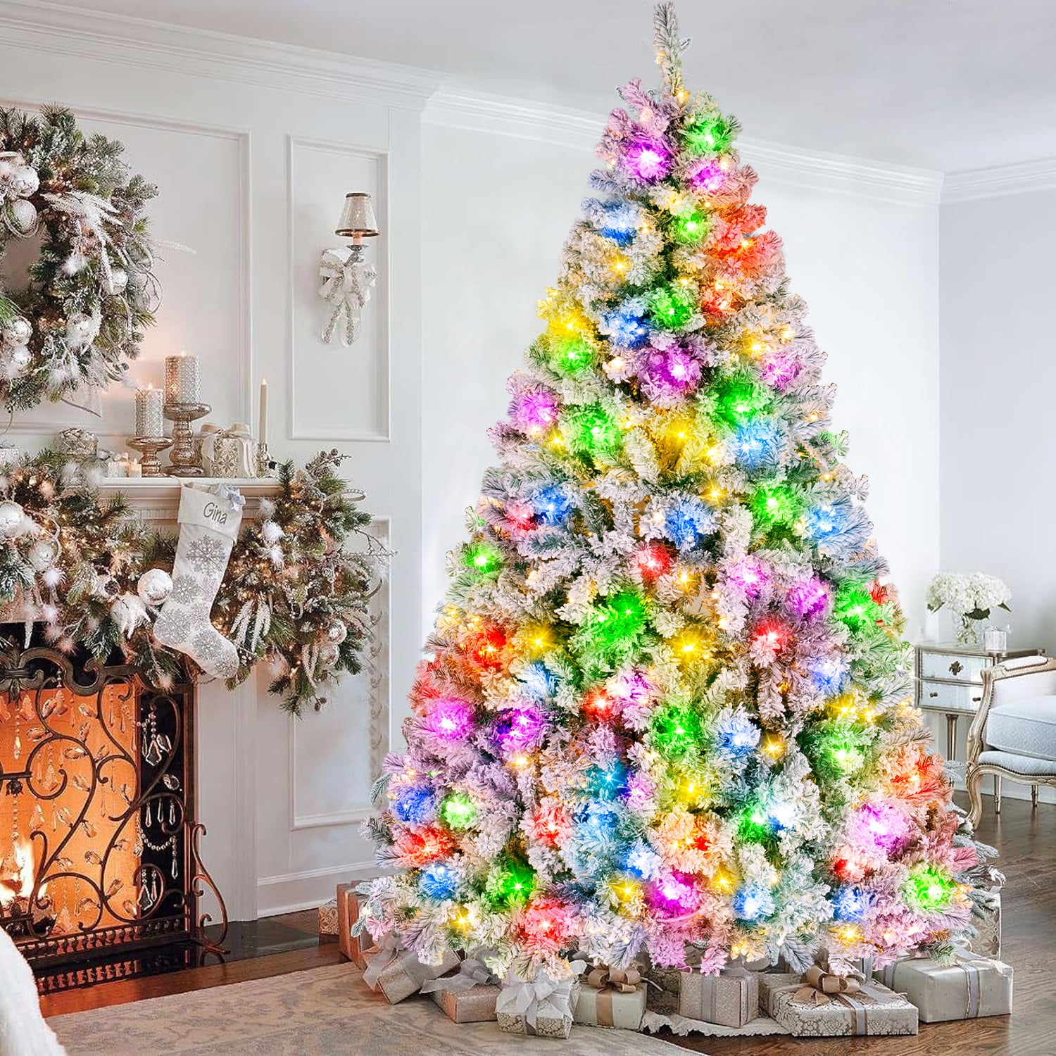 iFanze PreLit Snow Flocked Christmas Tree, 6ft Hinged Christmas Tree with 200 Multicolored 8