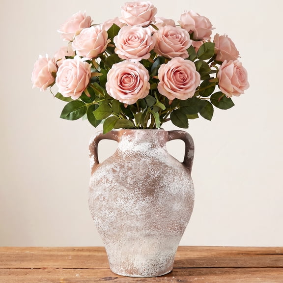 iFaveorr 8.5 Inch Rustic Terracotta Vase with Double Handles, Distressed White‑washed Ceramic Vase, Waterproof Decorative Vase for Fresh Flowers Dried Flowers, Farmhouse Home Table Decor