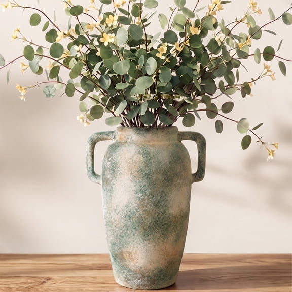 iFaveorr Rustic Green Ceramic Vase 10.1 Inch Height, Handcrafted Distressed Amphora Vase with Square Double Handles, Wabi‑Sabi Decorative Vase for Home Table Centerpiece