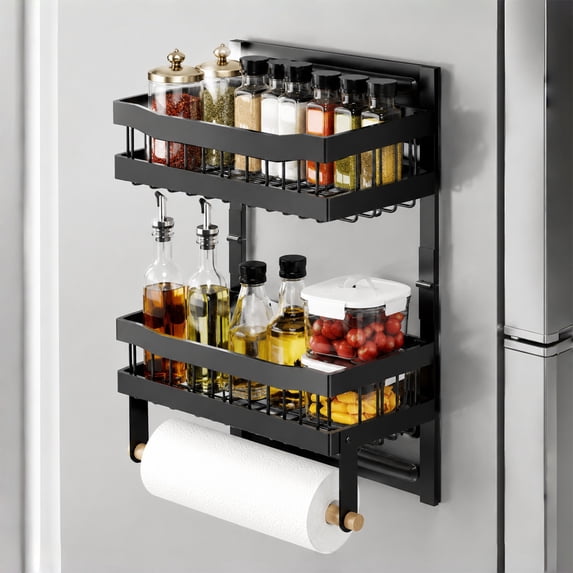 iFaveorr Magnetic Spice Rack for Refrigerators, Foldable Shelf with Towel Holder, 2-Tier Kitchen Organizer, 11.81 x 4.72 x 14.57 in