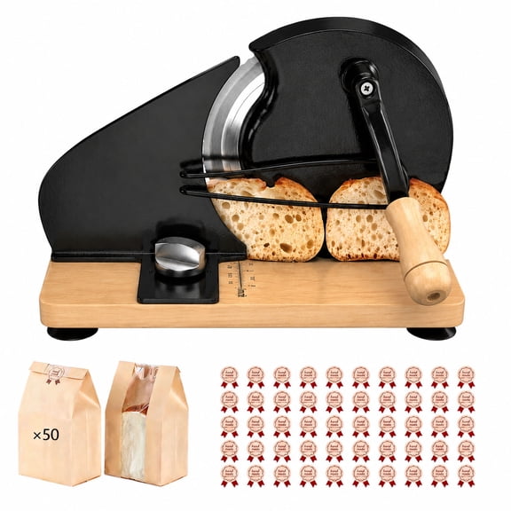 iFaveorr Manual Bread Slicer for Homemade Sourdough Bread & Baguettes, Hand Crank bread slicer, Adjustable Thickness Bread Cutter with Suction Cup Wood Base, 50 Bread Bags & 50 Stickers, Black