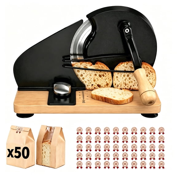iFaveorr Manual Bread Slicer for Homemade Sourdough Bread & Baguettes, Hand Crank bread slicer, Adjustable Thickness Bread Cutter with Suction Cup Wood Base, 50 Bread Bags & 50 Stickers, Black