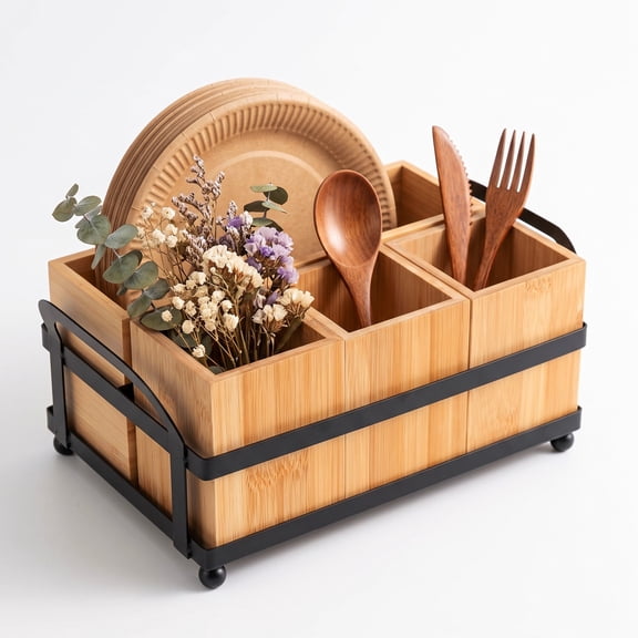 iFaveorr Utensil Holder, Wood Silverware Caddy, Paper Plate Dispenser, Silverware Utensil Caddy, Cutlery Flatware Organizer Box for Spoons, Forks, Plates & Napkins