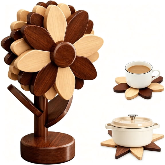 iFaveorr Sunflower Trivets for Hot Dishes, 4Pc Wooden Tree Trivet Set, Flippable Petals Expand 5.5 to 6.69 in, Trivet and Coaster in One