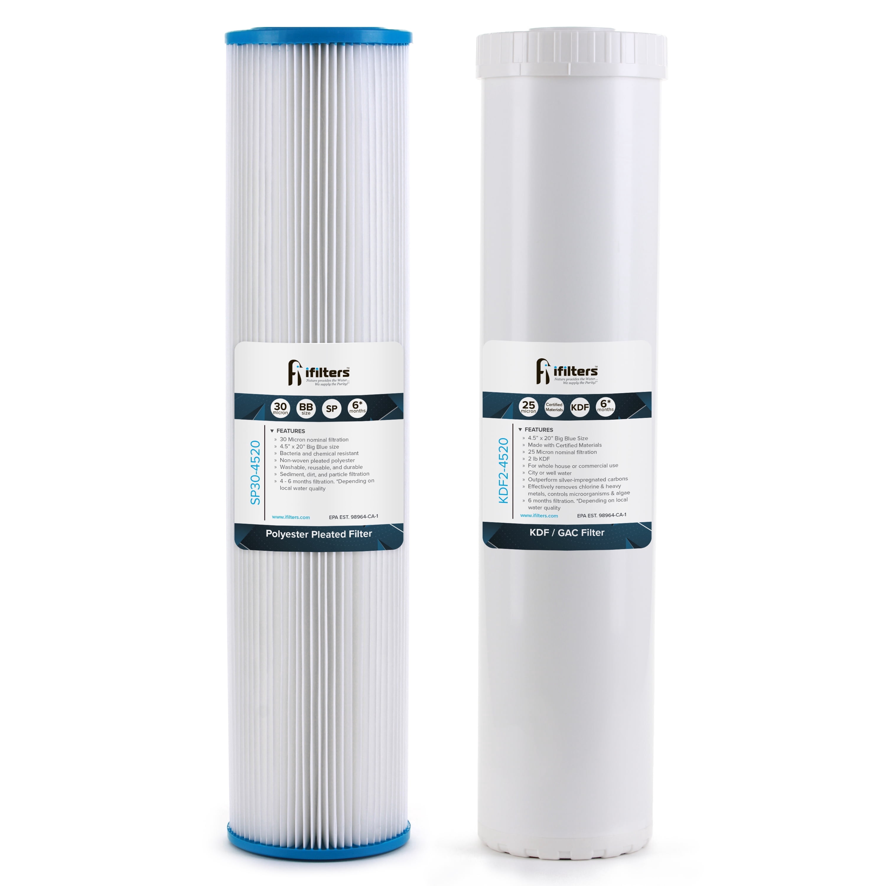 iFilters 20-Inch Whole House Sediment and GAC/KDF Replacement Filter for Dual Whole House Water Filtration - 4.5" x 20"