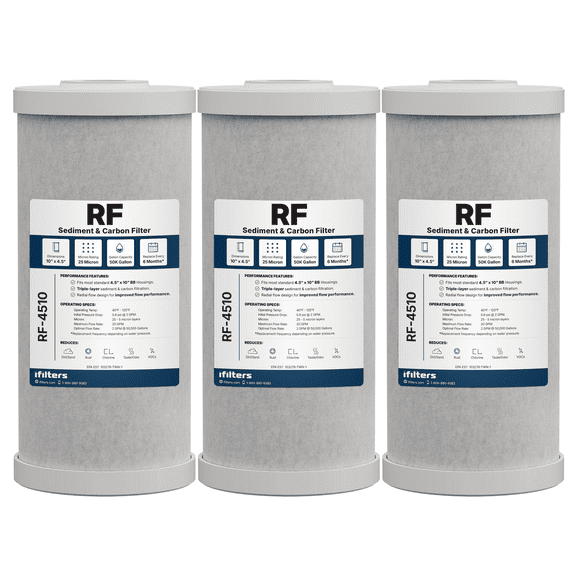 iFilters 3-Pack Dual Purpose Radial Flow Water Filter Cartridge RFC-93 Replacement 10 Slim Sediment & Carbon Filter Reduces Chlorine, Dirt, Sand & Rust Fits Whole House Compatible Systems