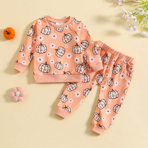 iFshaion 0-4T Toddler Sweatshirt Set Boys Girls Thanksgiving Pumpkin Printed Top Long Sleeve Pullover Sweatshirt Sweatpants Fashion Casual Two Piece Set Pink-B 6-9 Months