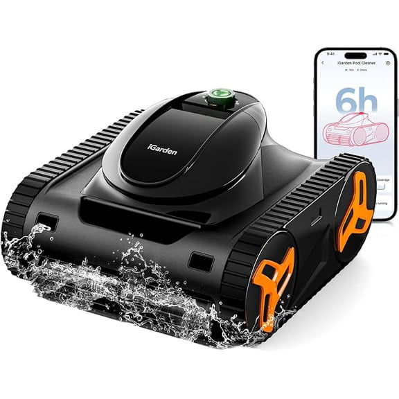 iGarden KN Series Robotic Pool Cleaner, 6H Runtime Cover up to 6200 Sq.ft, Lightweight Pool Vacuum, Smart 3D Navigation, Smart Parking for Inground & Above-Ground Pools, Black