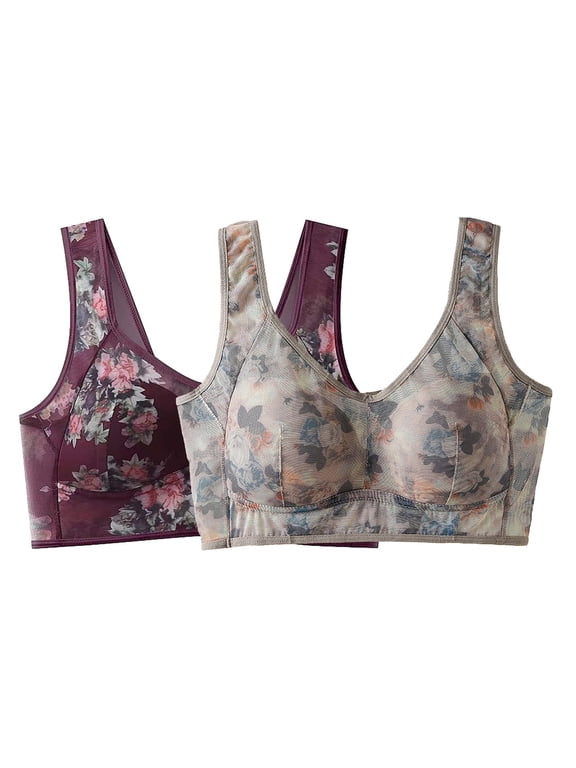 2 Pack Breathable Mesh Bras Wireless Seamless Smoothing Back Panels Bralette Elegant Floral Art Intimate Underwear Pack Brown L