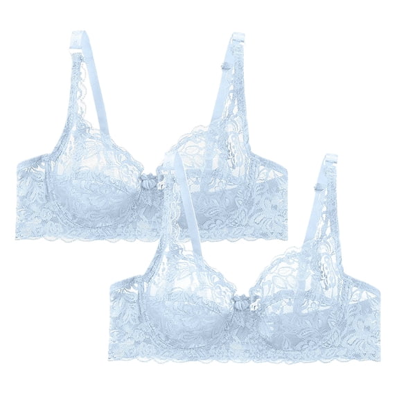 iHPH7 2 Pack Lace Bras for Women Sheer Balconette Underwire Unlined see through Everyday Bras Light Blue 36