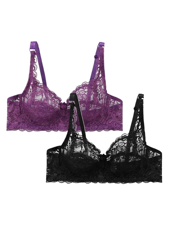 2 Pack Women's Lace Bra Demi Sheer Mesh Balconette See Through Bralette Unlined underwire bras for women Embroidered Silver 34