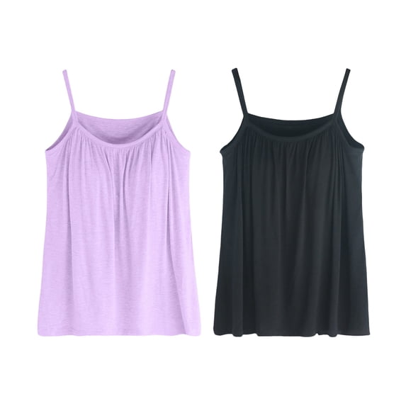 iHPH7 2 Pcs Built in Bra Tops for Women Flowy Pleated Front Loose Fit Camisole Basic Layering Casual Summer Lounge Sleeveless Everyday Shirts S 5XL