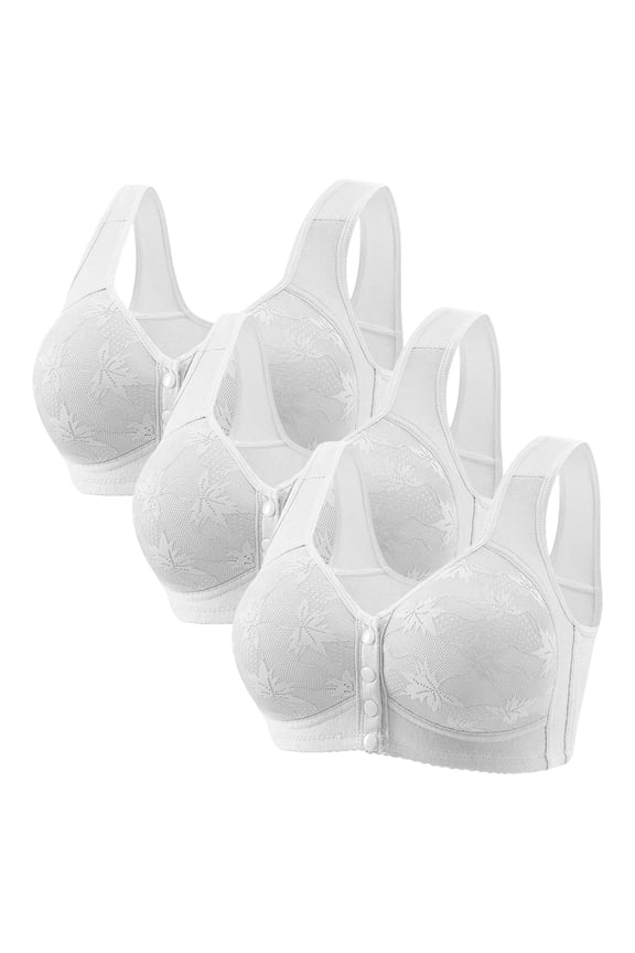 3 Pack Front Closure Bras Snap Front Bra Full Coverage Breathable Bras for Women Push Up Bra Senior Comfort Bras Front Clasp Front Button Snap Closing Bra White M